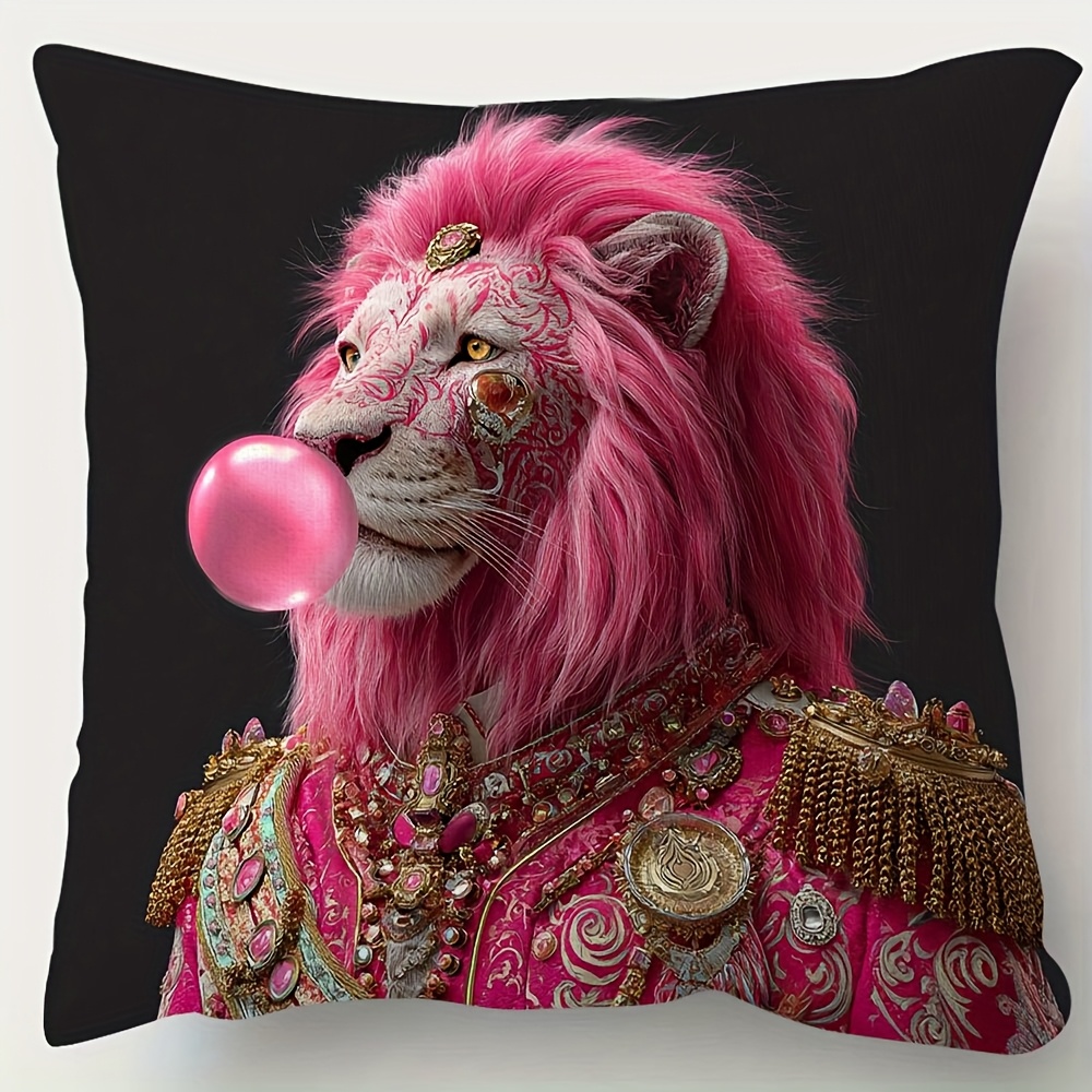 TEMU 1pc Of Bubble Gum Lion Stylish Pillowcase Made Of Soft And Comfortable Polyester Short Plush Fabric, Single-sided Print, 17.7*17.7 Inches,