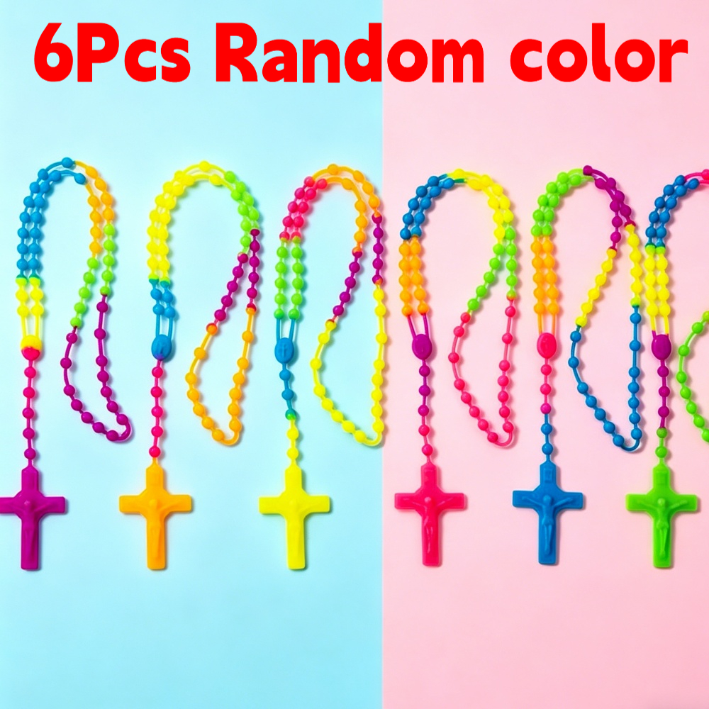 6pcs Set Rosary Beaded Cross Pendant Necklace, Holiday Gift