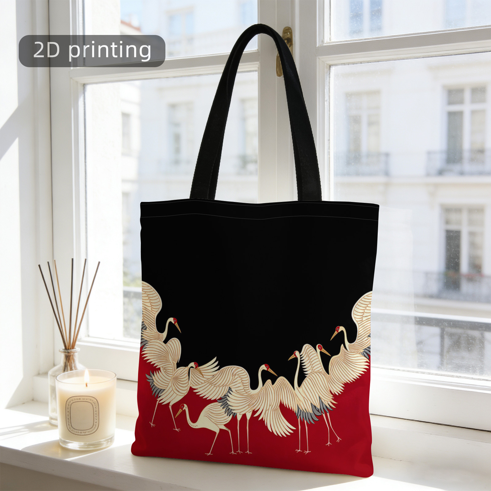 TEMU 1pc New Chinese Style Red Print Tote Bag, Large Capacity Durable Reusable, Suitable For Shopping/commuting/campus/exhibition/short Trips,