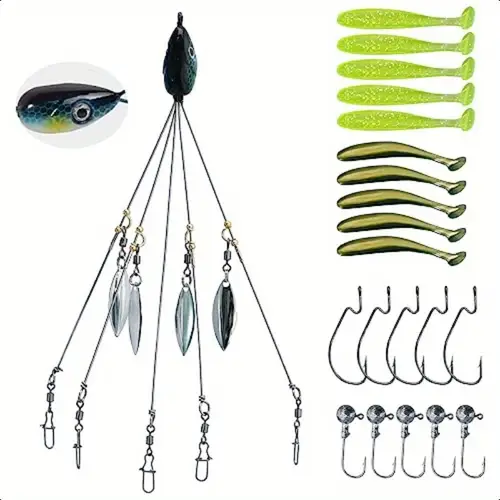 21pcs 5 umbrella rig for bass striper rig fishing lures bait kit with swimbaits for walleye trout perch freshwater saltwater boat trolling