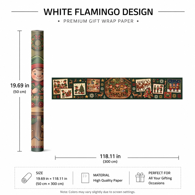 TEMU 1 Roll Of Christmas Wrapping Paper, Suitable For Christmas Holiday Parties. The Wrapping Paper Features A Elf Making Toys In A Cozy Workshop