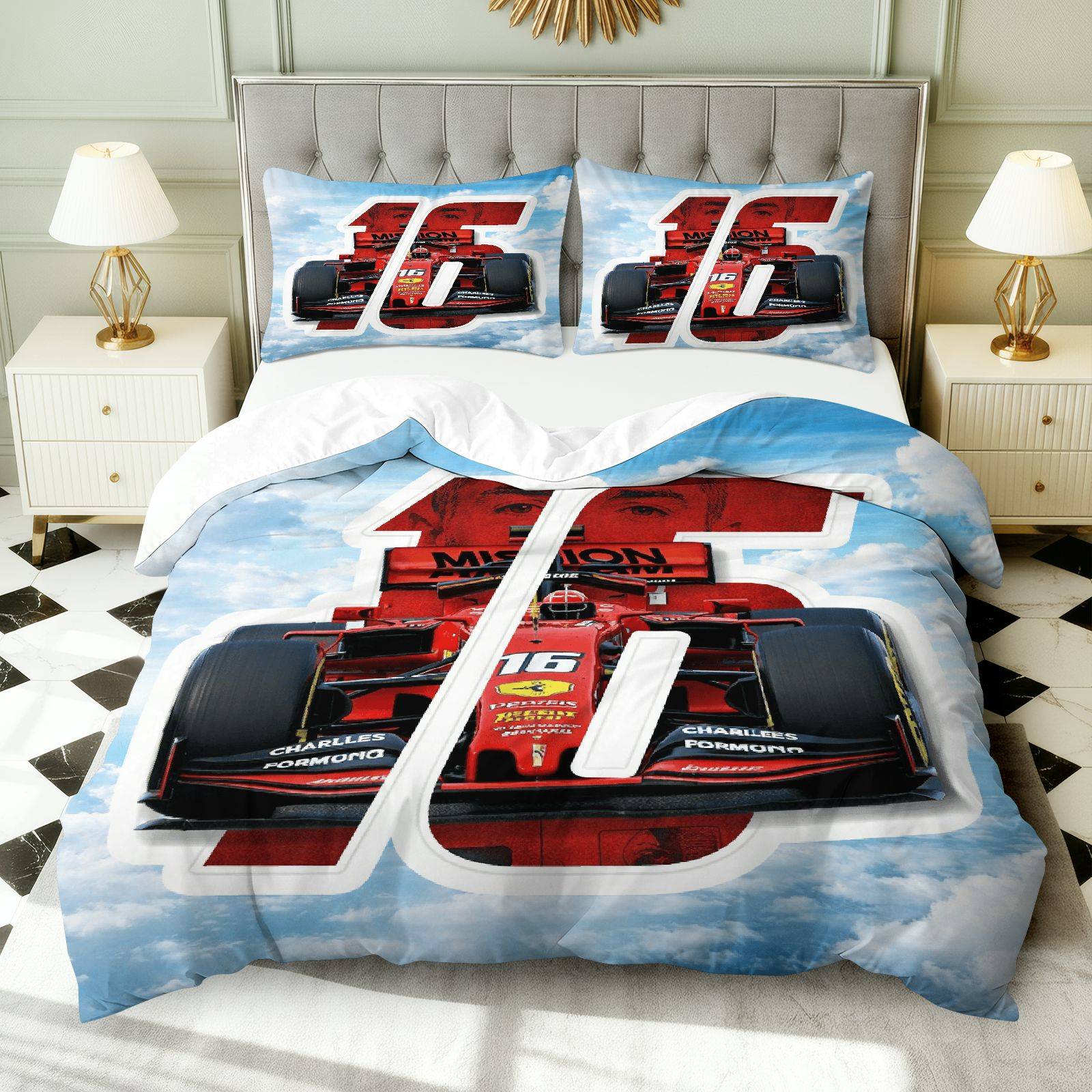 3-delige Racing Auto Snelheid Formule1 Sport Liefhebber Thema Dekbedovertrek Set | 1 Dekbed + 2 Kussenslopen, Polyester, Machinewasbaar, Alle seizoenen, Geschikt voor Slaapkamer, Woonkamer, Logeerkamer, Studentenkamer