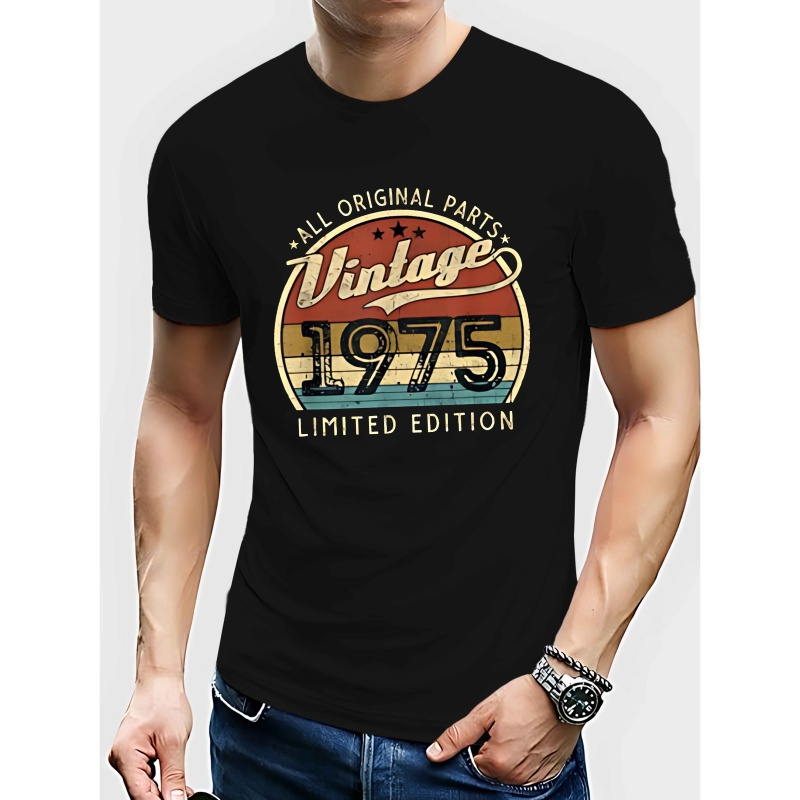 

1pc T-shirt vintage pour homme 1975 - Col rond décontracté, tissu en de polyester légèrement extensible, motif géométrique, coupe regular pour l'été