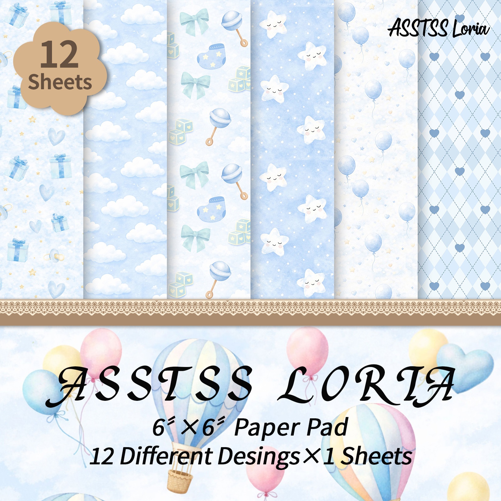 TEMU 12-sheet Asstss Loria 6x6 Inch Scrapbooking Paper Pad, Blue Nursery Backing Paper Supplies, Heavyweight Cardstock For Journaling, Collage Art, &