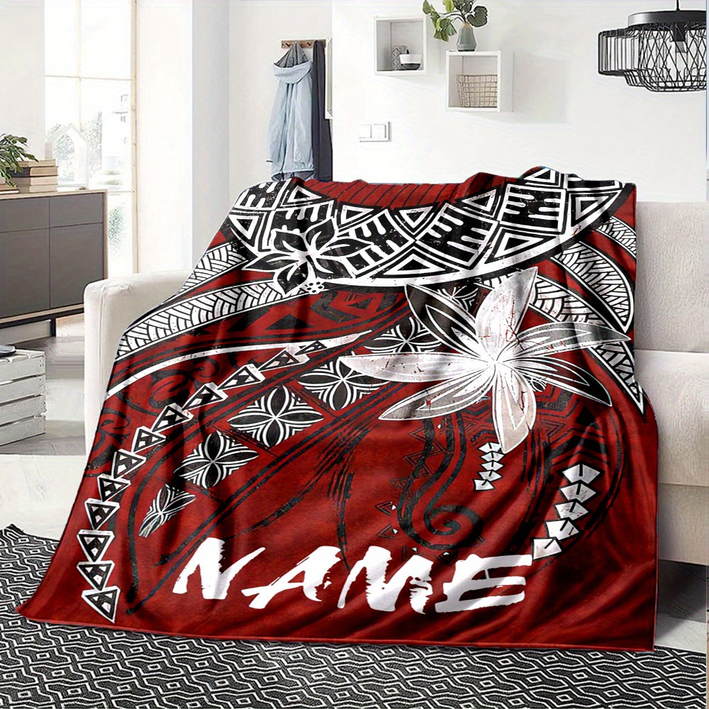 TEMU 1pc Polynesian Tattoo Customize Your Name Blankets - Comfortable, Soft, Lightweight Blanket For Picnics, Sofas, Offices, Beds, Living Rooms,