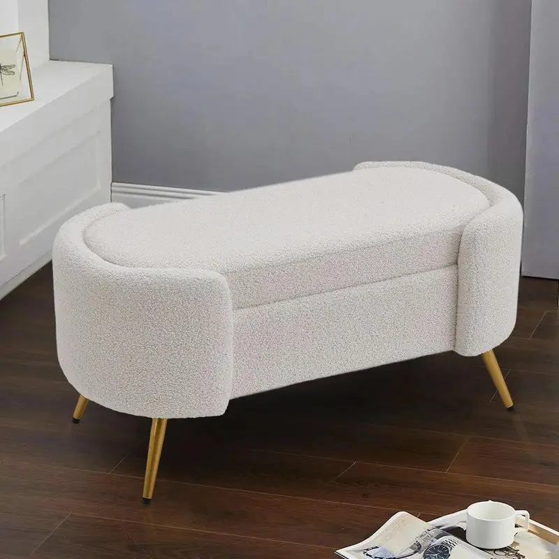 teddy fabric upholstered oval storage ottoman bench with lid hardwood mdf frame 39 4 l x 20 3 w x 13 h multi functional footrest bedside bench for living room bedroom entryway elegant durable wood legs bench for bedroom details 0