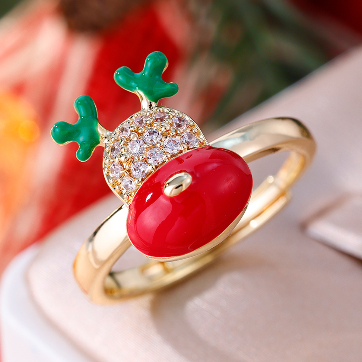 Red-Nosed Reindeer Synthetic Zirconia Open Ring, Copper