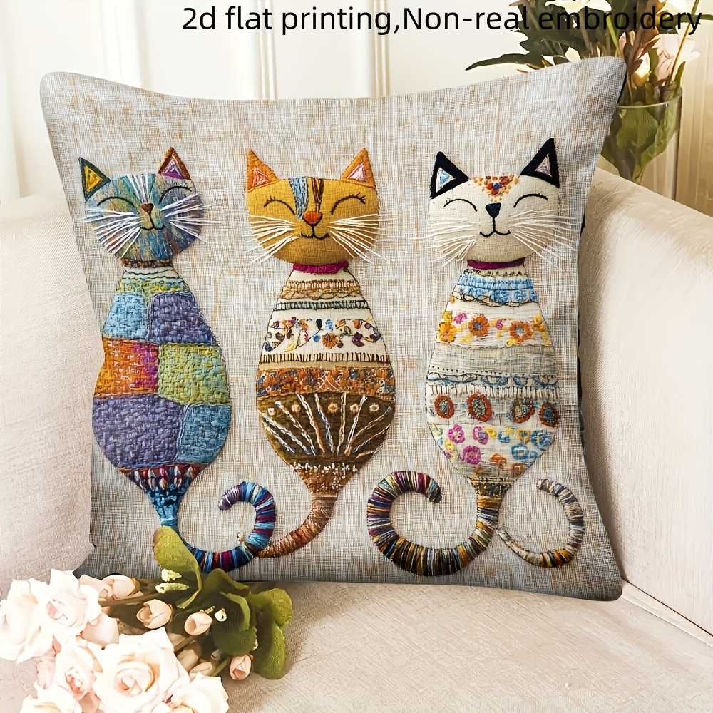 Funda de almohada estampada en 2D, 1 pieza, con patrón de tres gatos juguetones, colorida y adorable - Lavable a máquina, perfecta para decoración del hogar, sofá y dormitorio. Relleno no incluido. Sala de estar, accesorios para sofá | Funda de almohada decorativa, plana 2D