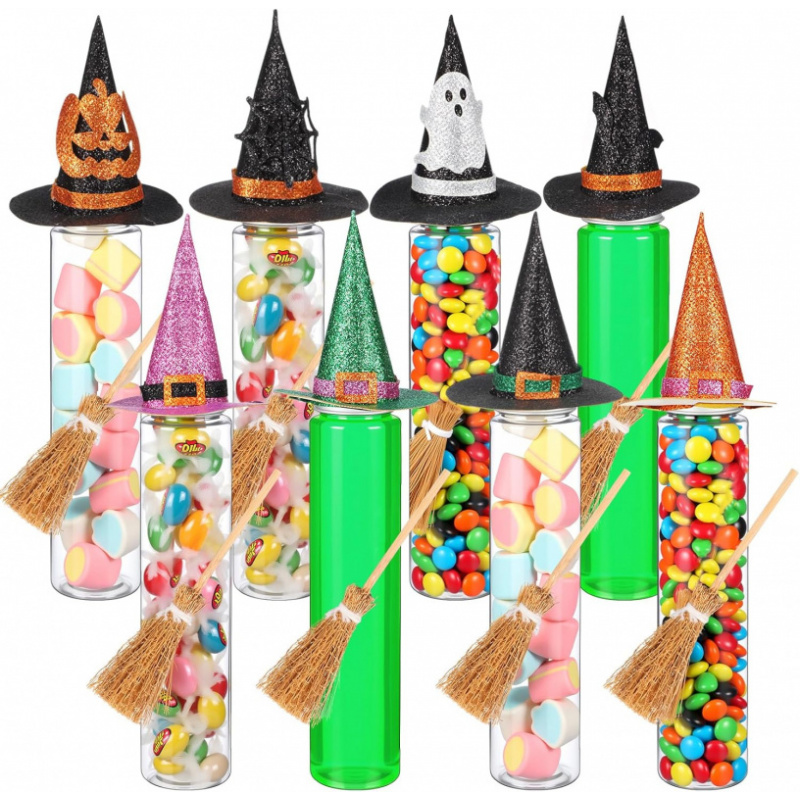 Image of 8 Sets Of Halloween , Candies, Transparent Plastic Test Tubes With Screw Caps, Witch Hats And Brooms, Chewing Candy Containers, Candy Racks Suitable For Halloween Parties, Diy Gifts, Prizes