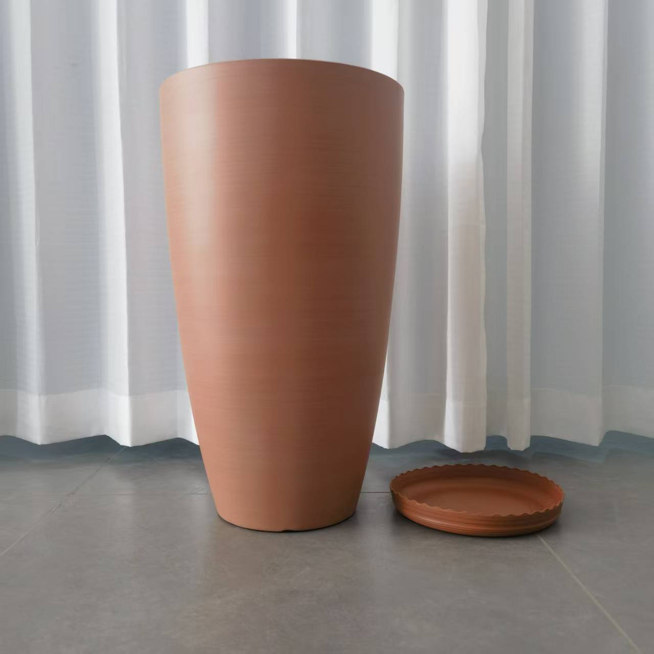 21 inch high round plastic flower pot with tray terracotta striped design vintage style lightweight floor mounted   planter classic large plant pot for home office   living room balcony garden indoor and outdoor use