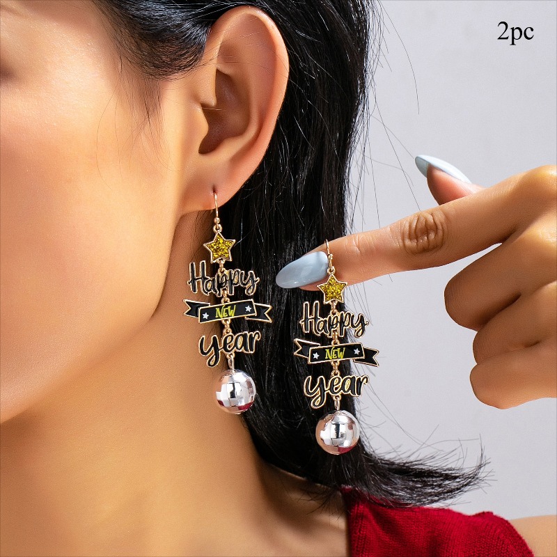 TEMU 2pcs Creative Happy New Year Letter And Star Women's Fashion Dangle Earrings, Suitable For New Year's Eve Parties, Niche Ear Accessories