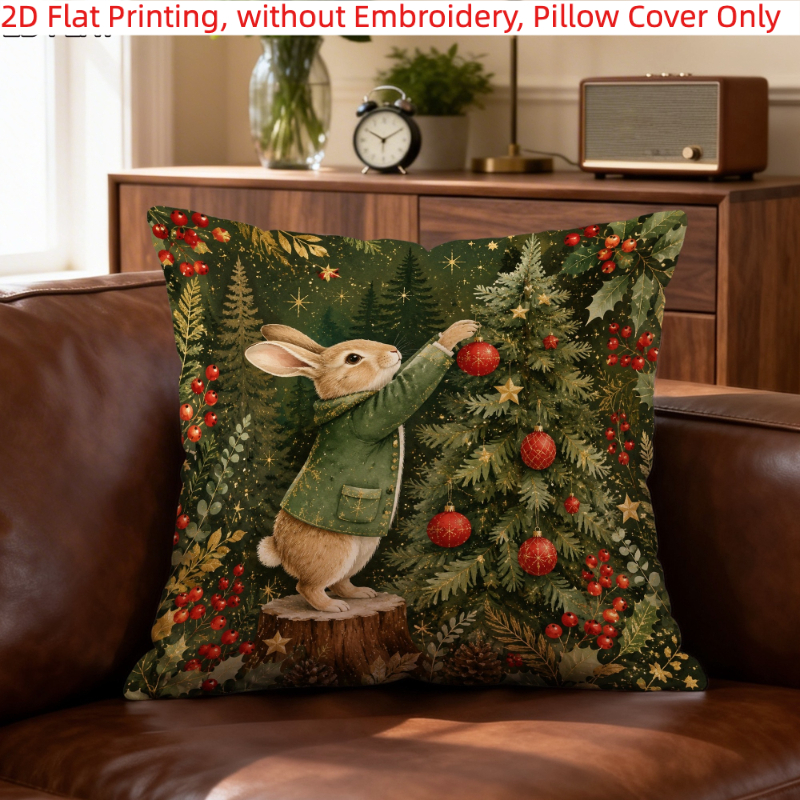 TEMU 1pc, Housse de coussin imprimée 2D plate, Noël Hiver Rétro Lapin Imprimé, Impression recto, broderie, Garnitures de coussin NON incluses