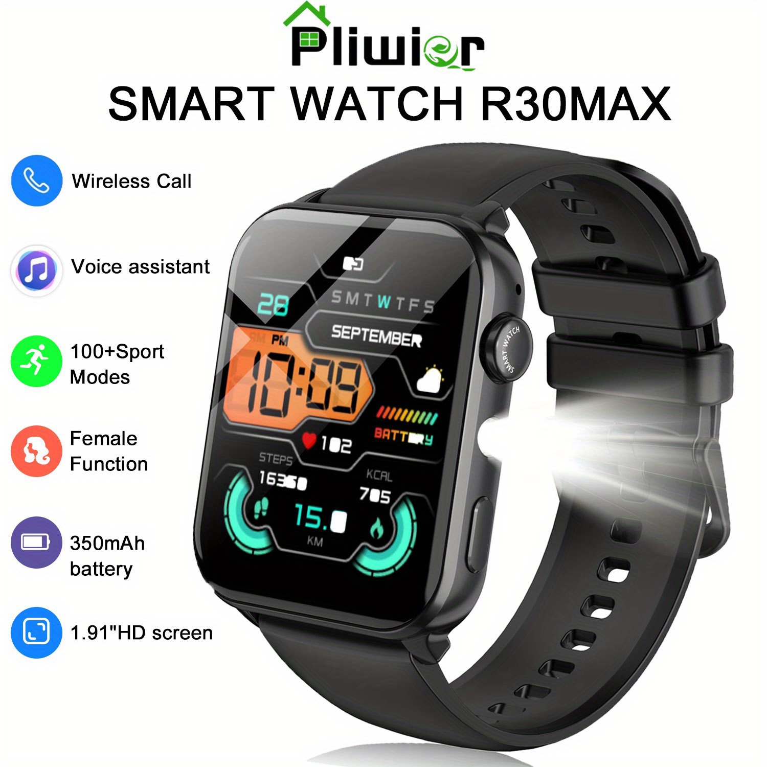 IOWODO Montre Connectée Homme Femme, Suivi Activité et Fitness avec Lampe Torche, Analyse du Sommeil, Fonction Vocale IA, Appel Sans Fil, Réception de Messages, Grand Écran Tactile HD 1.91 pouces, Plus de 100 Modes d'Exercice, Batterie Grande Capacité 350mAh