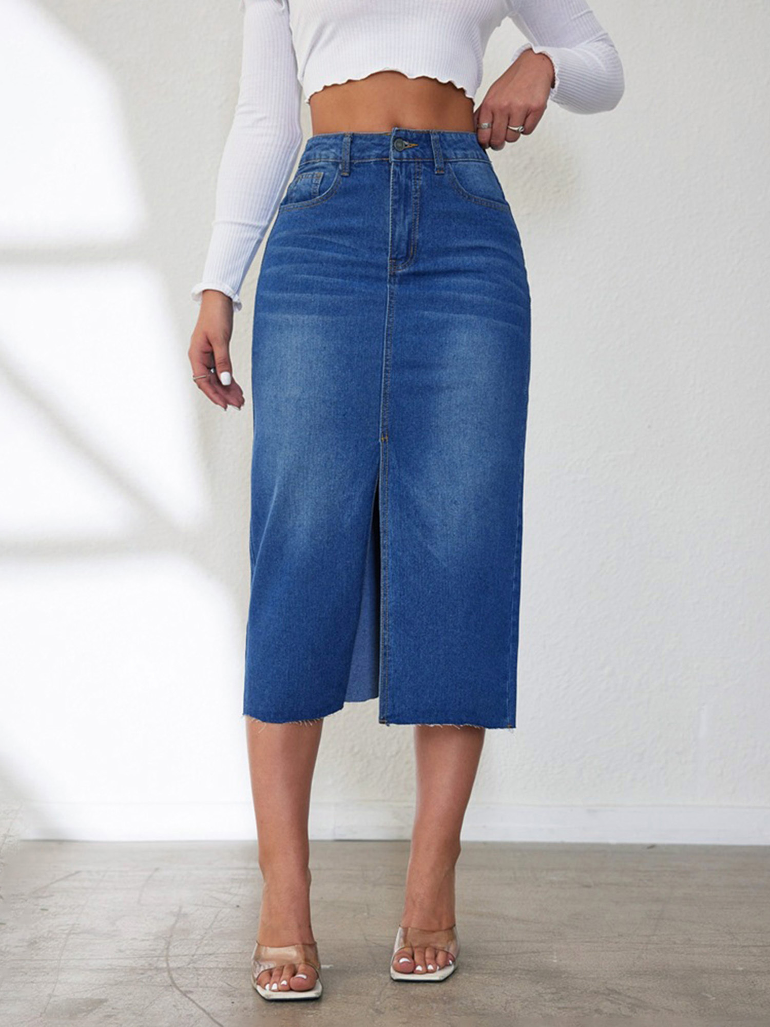women's midi denim skirt high waist solid color front split