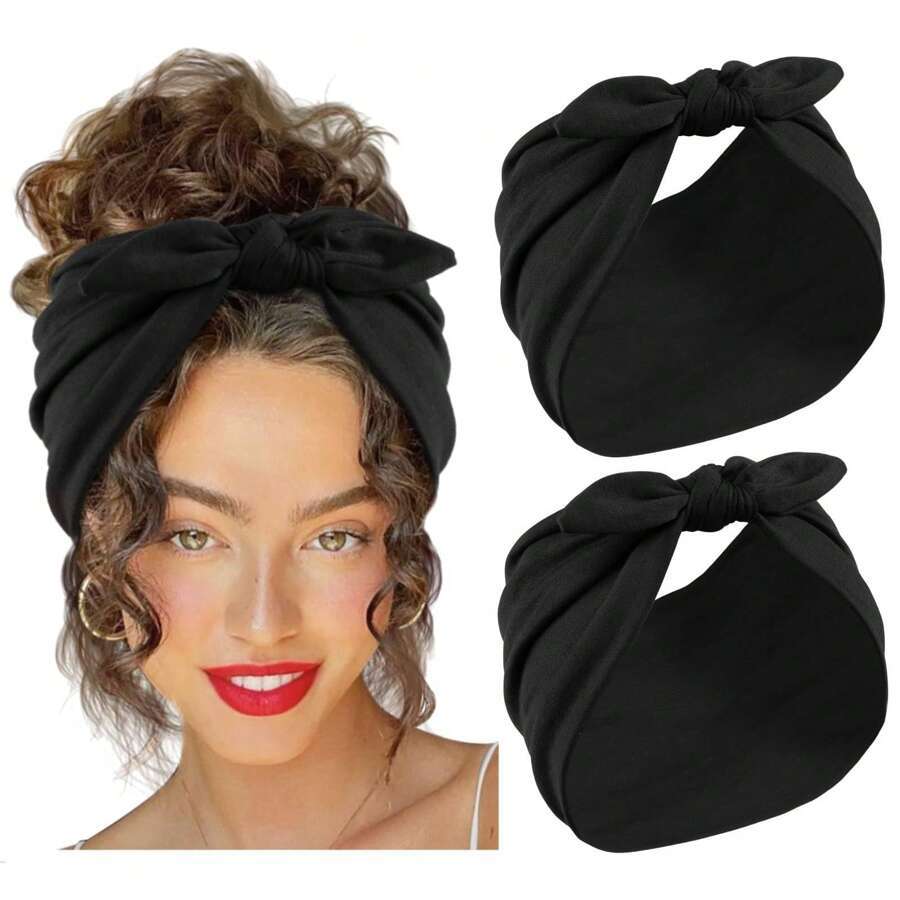 E-shop 2 Stück Schwarze Schleifen-Design Extra Breite Anti-Rutsch Stirnbänder für Damen – Polyester-Faser Workout Kopfband, Sichere Haarhalterung für