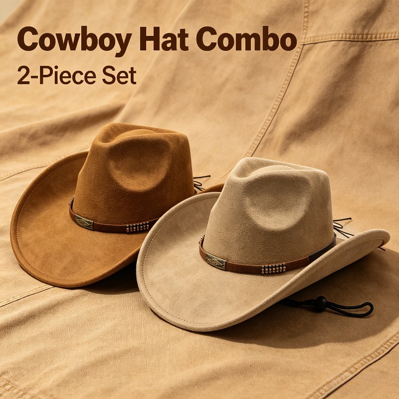 Image of 2pcs Men' Western Cowboy Hat Wide Brim Sun Hat Suitable For Themed Parties, Rodeo, Ranch & Outdoor Activities - Vintage Wide Brim Hat For Costume Parties, Casual Wear, Western Roleplay