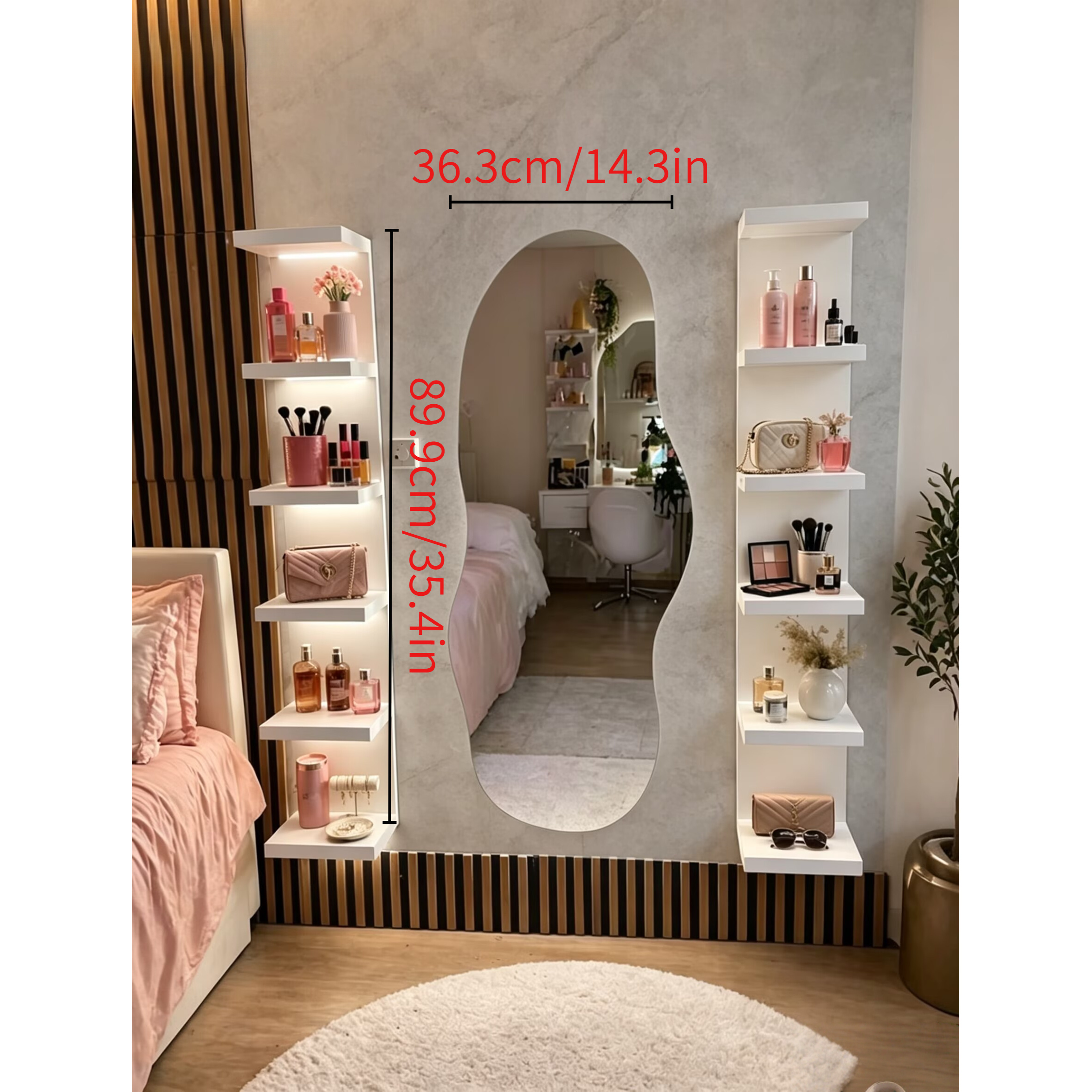 TEMU Internet-famous Irregular Curved Wall-mounted Mirror, 89.9cm*36.3cm/35.4in*14.3in - Light Luxury No-drill Acrylic Full-length Mirror For Walk-in