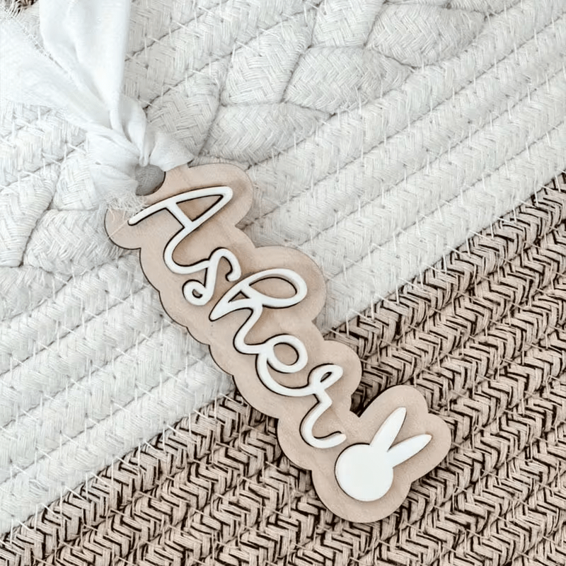 TEMU 2d Flat, Handmade Wood & Acrylic Bunny Name Tag - Ized Rabbit Plaque With Cute Rabbit Ears & Paw Print, Diy Nameplate For Easter, Christmas,