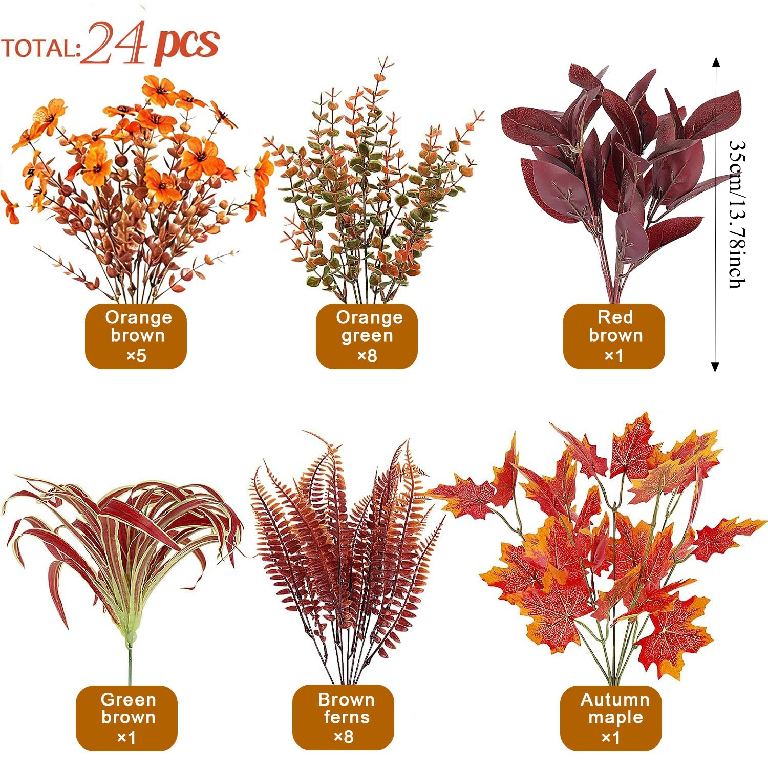 TEMU 24pcs Outdoor Autumn Decor Faux Flowers, Uv-resistant Artificial Boxwood Simulation Plants, Including Fake Chrysanthemums, , Ferns, Suitable For