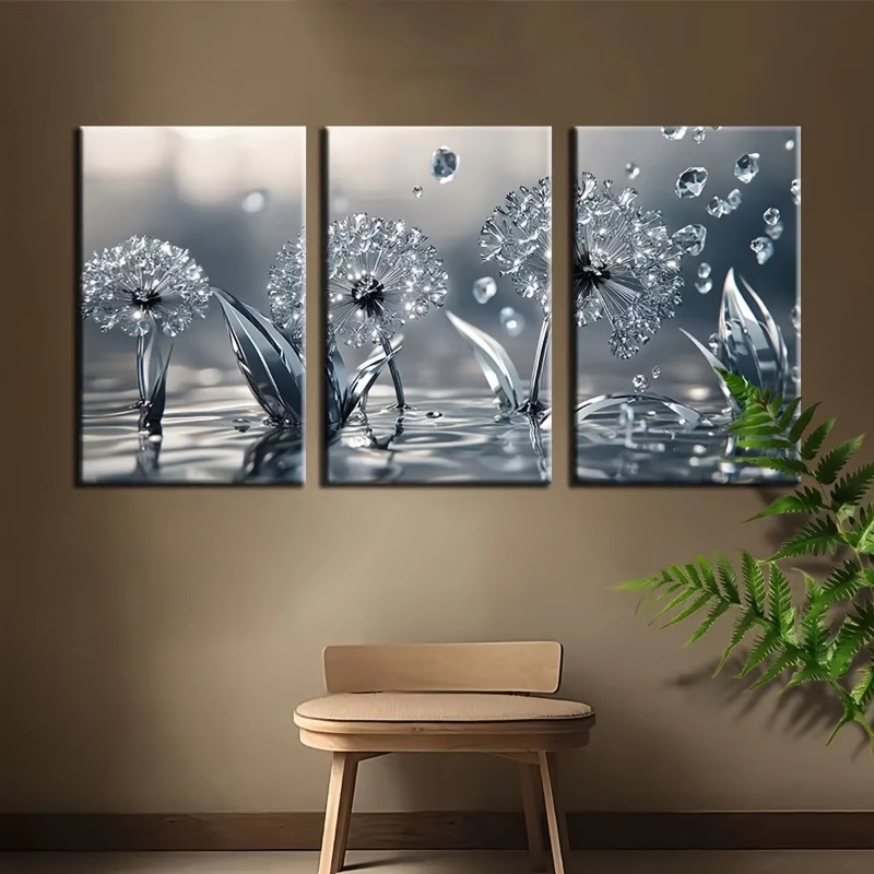 TEMU (3pcs 1set Halloween, Thanksgiving Gift, Easter Eggs, Poster Unframes) Silvery Dandelion Canvas Set, Wall Art, Room, Bedroom, Kitchen, Bathroom