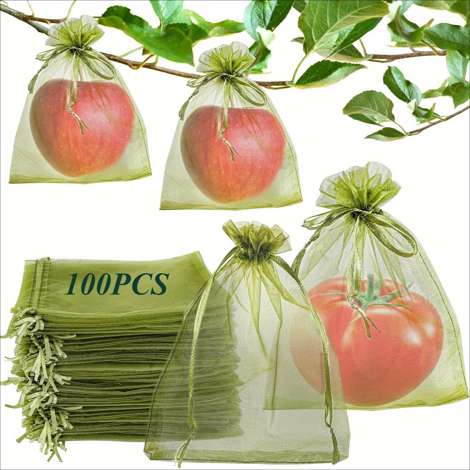 TEMU 100pcs 6x8 Inch Green Drawstring Mesh Organza Fruit Protection Bags - Breathable Garden & Use For Tomatoes, Peaches, , Persimmons, Vegetables,