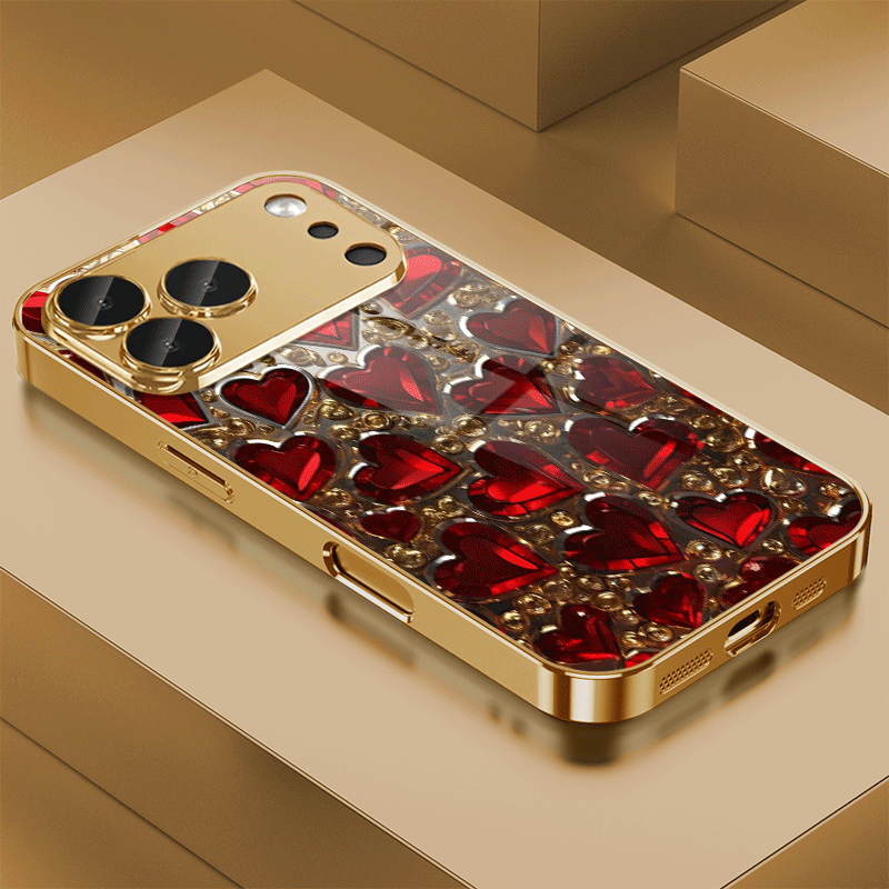 TEMU Phone Case - A Beautiful And Stylish Design Featuring A Red Heart-shaped Gemstone On A Golden Background, This Electroplated Glass Phone Case Is