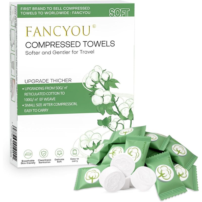 Fancyou Compressed Towel Tablets Travel Pcs | Thicken Disposable Face Towel Individually Wrapped, Compact Portable Reusable Clean Washcloths for Camping Gym Home Beauty, Green