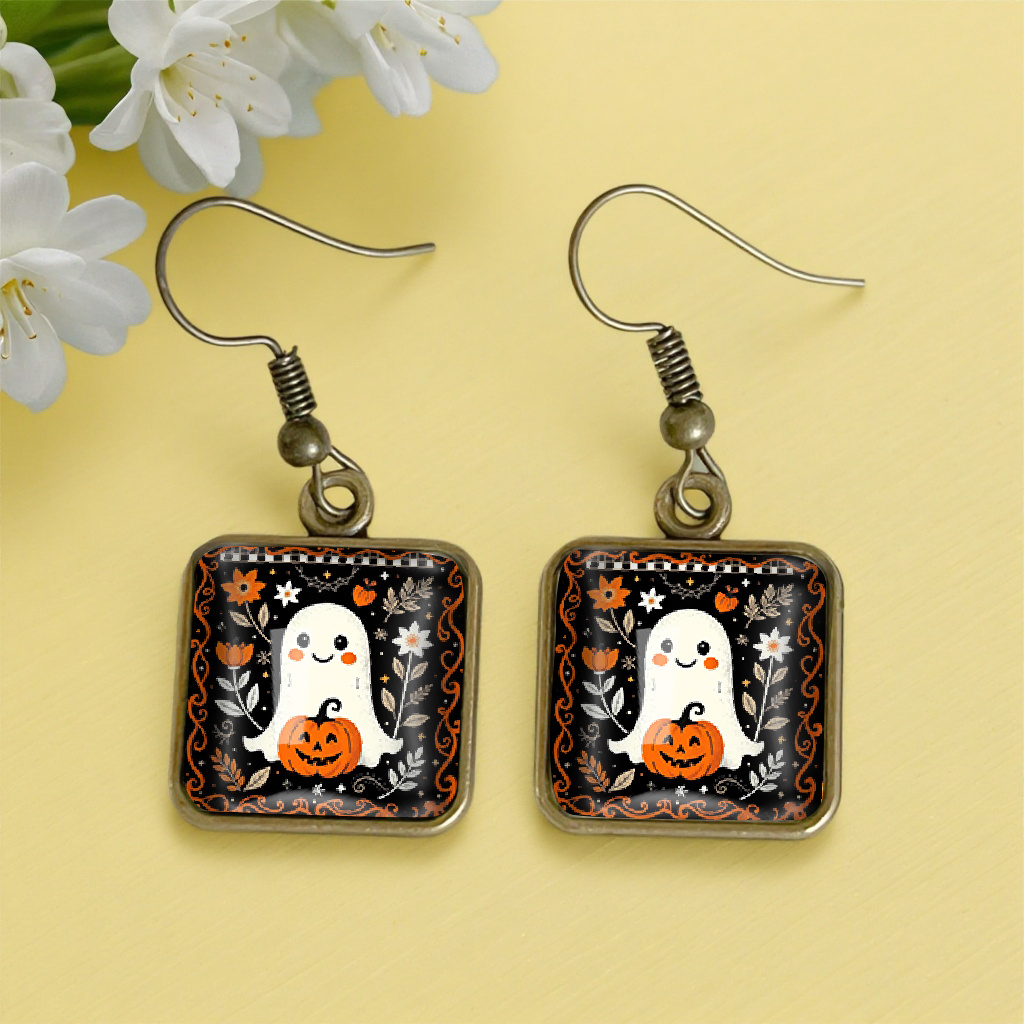 TEMU Fashionable Cute Halloween Pumpkin Heart-shaped Earrings Glass Pendant Fashion Jewelry Gift, Without Battery
