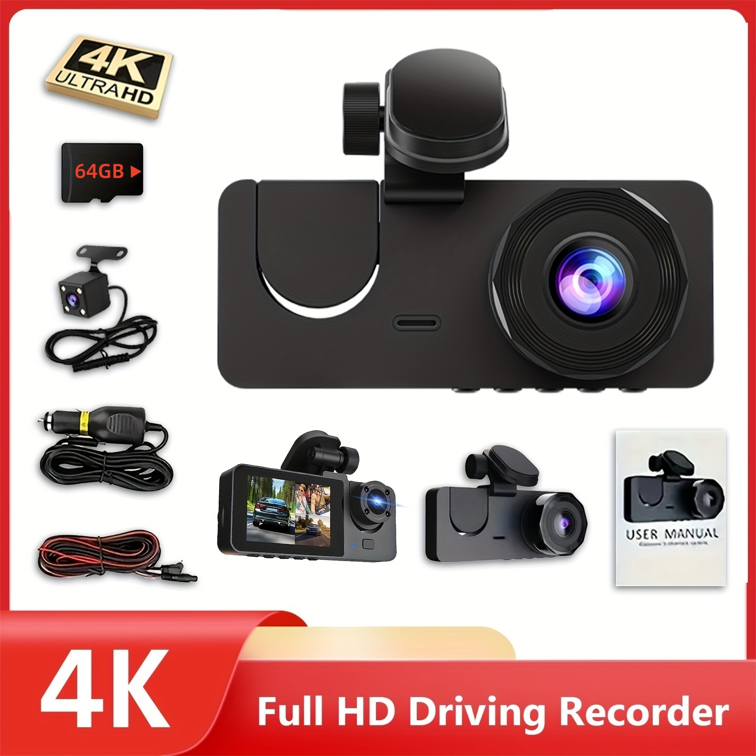 TEMU Portable Y15 Driving Recorder, Front And Rear Built-in Cameras, Definition 2k 1440p, 4k 2160p Resolution, 64gb Sd Card, Car 1 Camera, , Motion