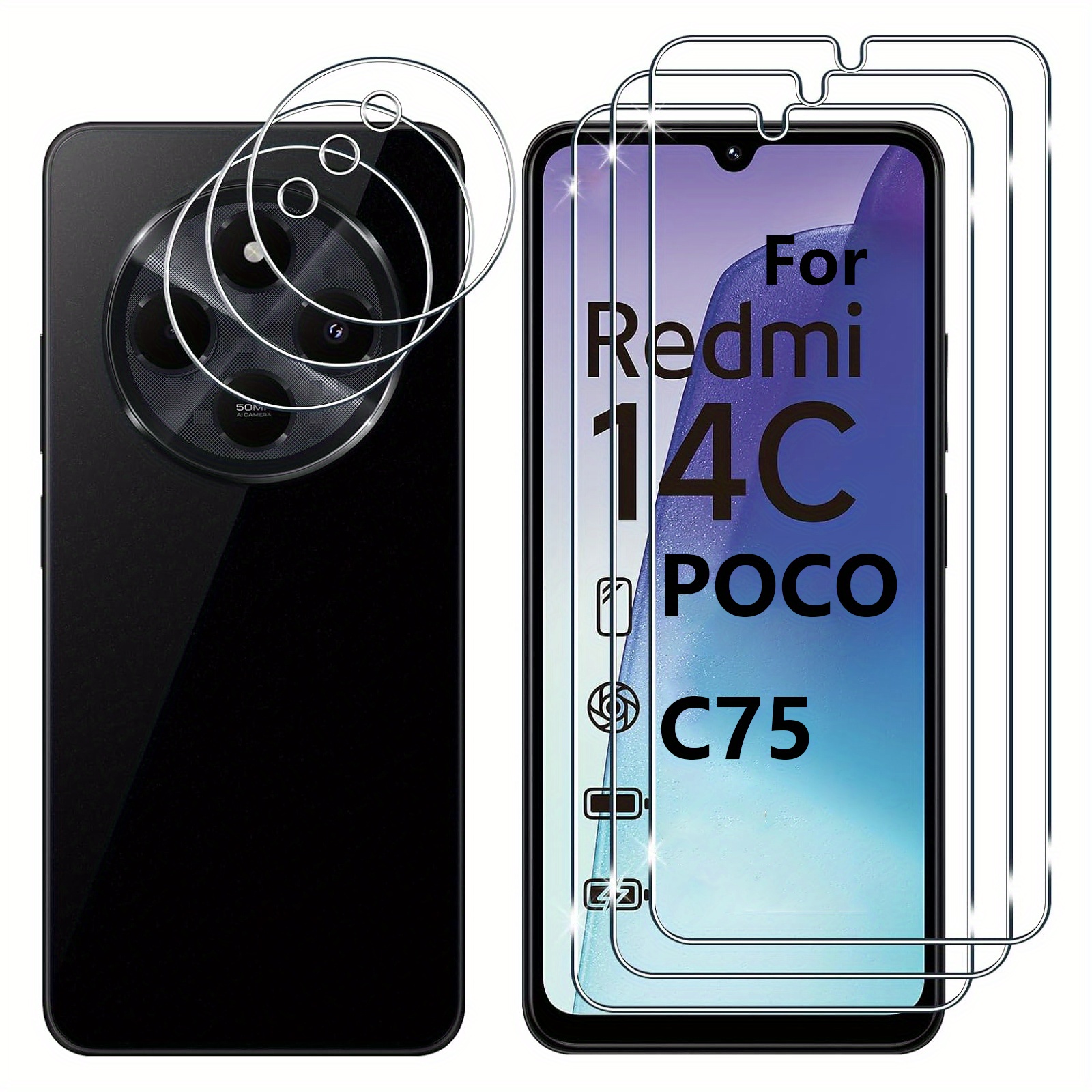 E-shop 6-in-1 Displayschutzfolie und Objektiv-Schutz aus gehärtetem Glas für Redmi 14C, Kameraschutzfolie für Redmi 14C HD-Kamera