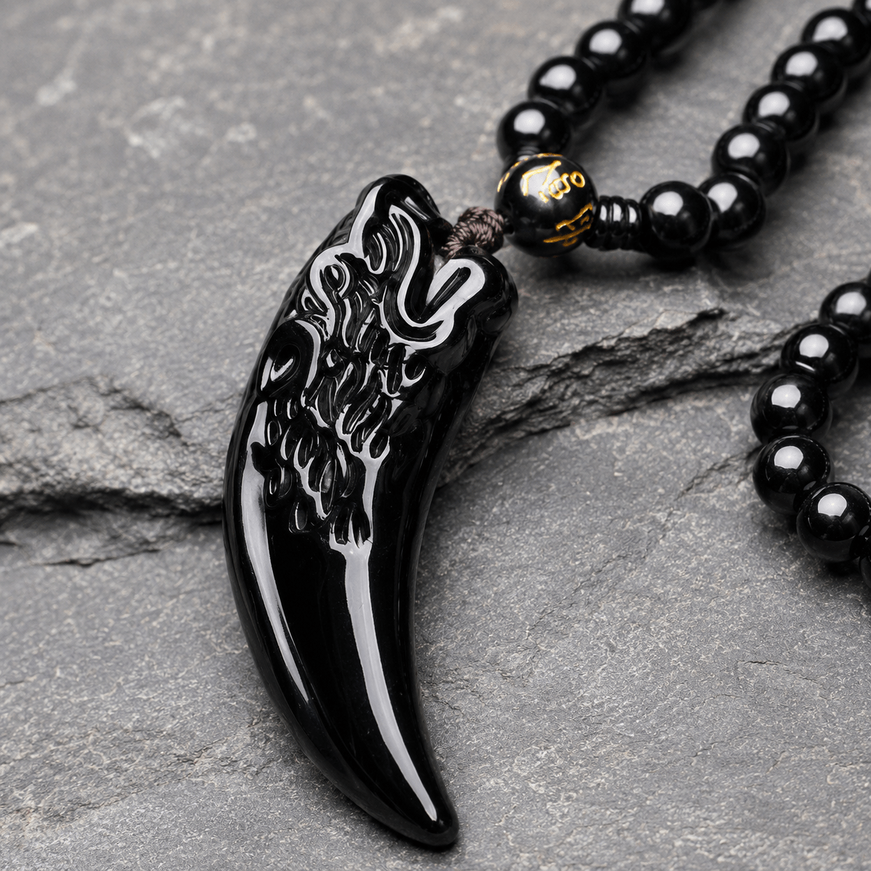 Men's Wolf Tooth Necklace with Carving Pendant & True Word Beads