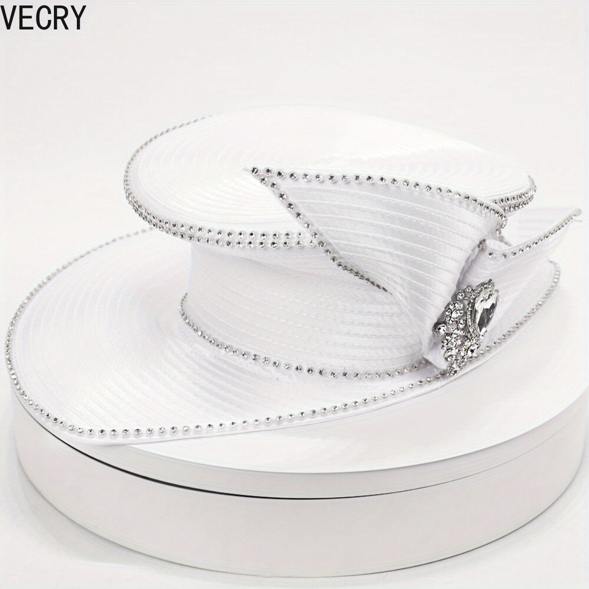 Elegant White Hat Rhinestones Wedding Church White Party Brunch Derby Ga… womens fascinator church weddings derby events - Temu main image 4