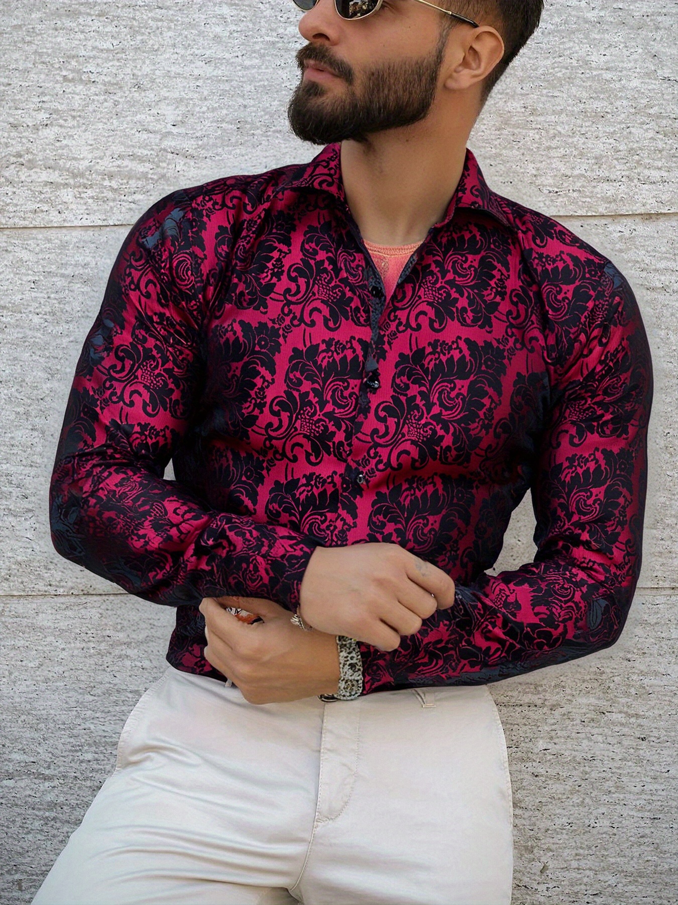 floral dress shirt for wedding Dazeni Men's Lace Sheer See Through Long Sleeve Button Down Shirt Lapel Collar Casual Shirt Party Tops White XX-Large, Size Featuring intricate floral embroidery on the chest and sleeves Men's Floral Print Casual Long