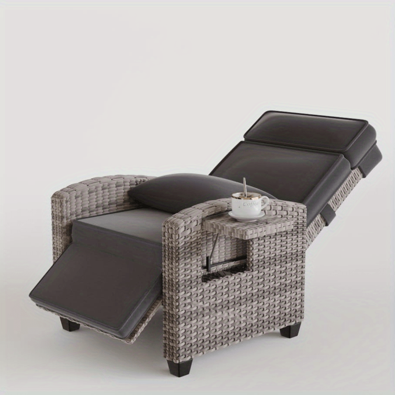 Outdoor Recliner Chair W/ Adjustable Backrest+Footrest, 150° Lay Flat Rattan Patio Recliner with Air Pump+Flip-Up Table+Removable Cushion