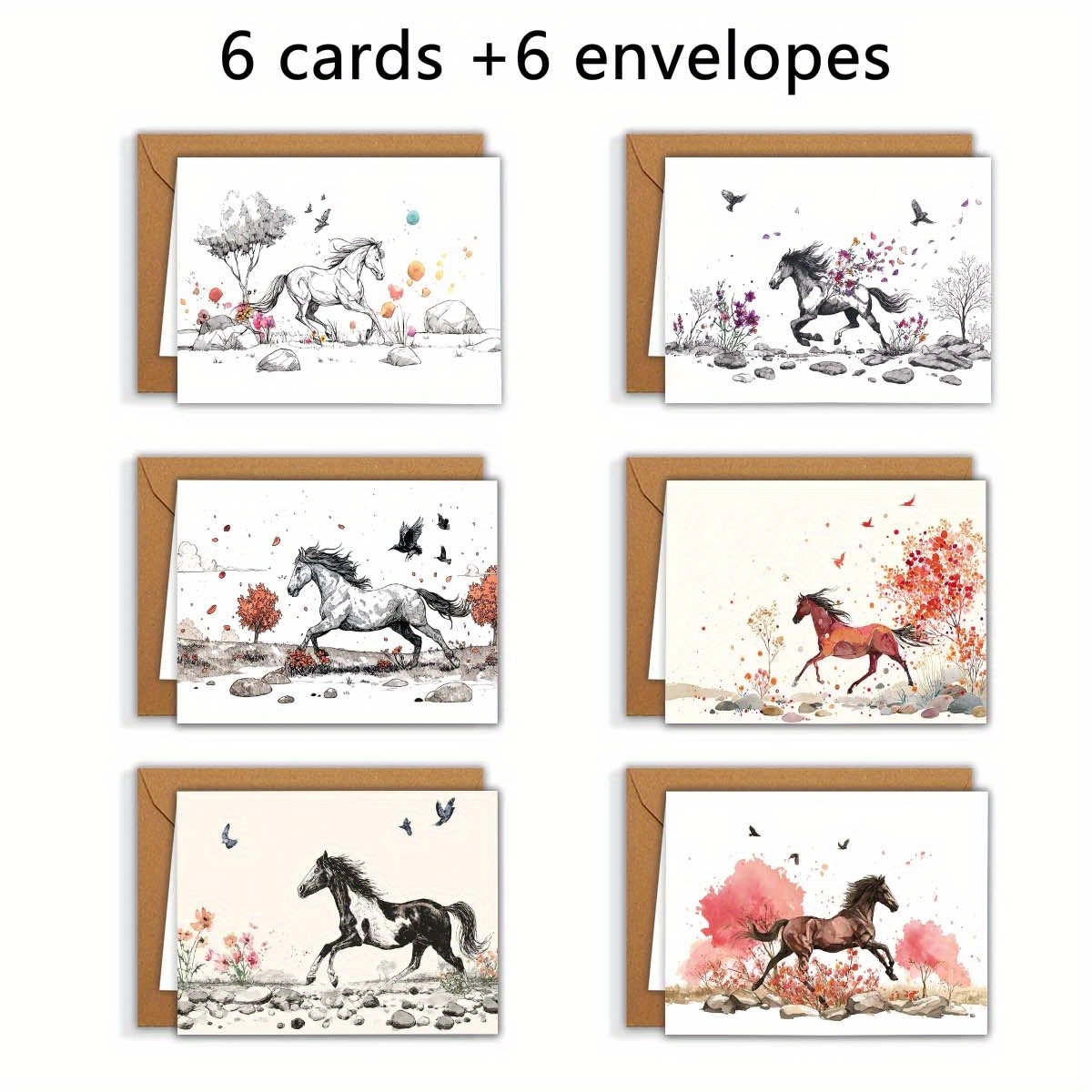 TEMU 1 Set Of 12pcs/6pcs Featuring Horses, Running, Watercolor, Trees, Stones, Birds, And Flowers. Greeting Cards Include Envelopes, Folded Size 9*13