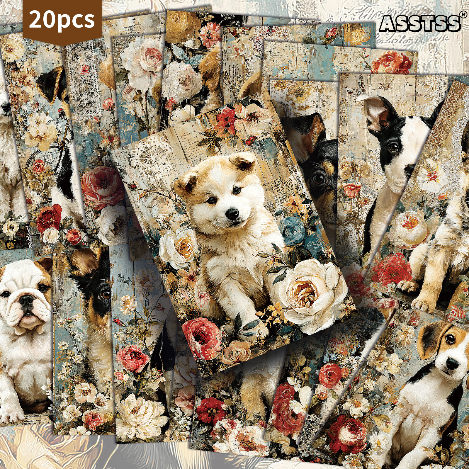 TEMU Lot de 20 cartes postales ASSTSS Vintage Printemps Chiot et Fleurs - 4X6 pouces Rétro Junk Journal Supplies, Illustrations Cartes de Peinture