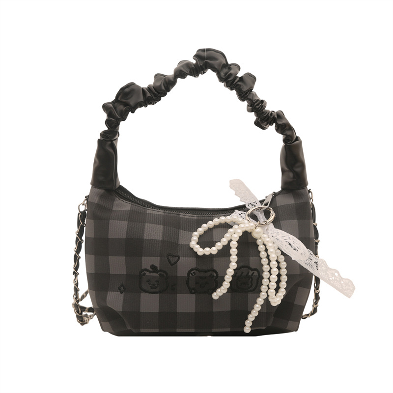 Plaid Ruched‑Handle Hobo Bag Women Pearl Bow Chain Crossbody Shoulder Purse_voghion.com
