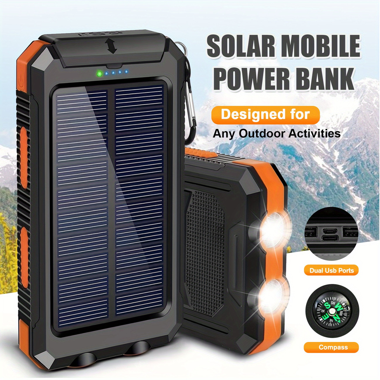 25800mah Solar Power Bank, Portable Charger Solar Phone Charger With 2 Led Flashlights & Compass, Battery Pack Power Bank For Outdoor, For Camping Travel, Smartphones
