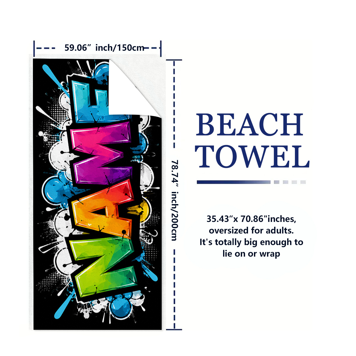 TEMU 1pc Customizable Name Colorful Street Graffiti Style Quick-dry Beach Towel, Trendy Cool Gradient Artistic Absorbent Bath Towel 90 X 180cm, 35.43