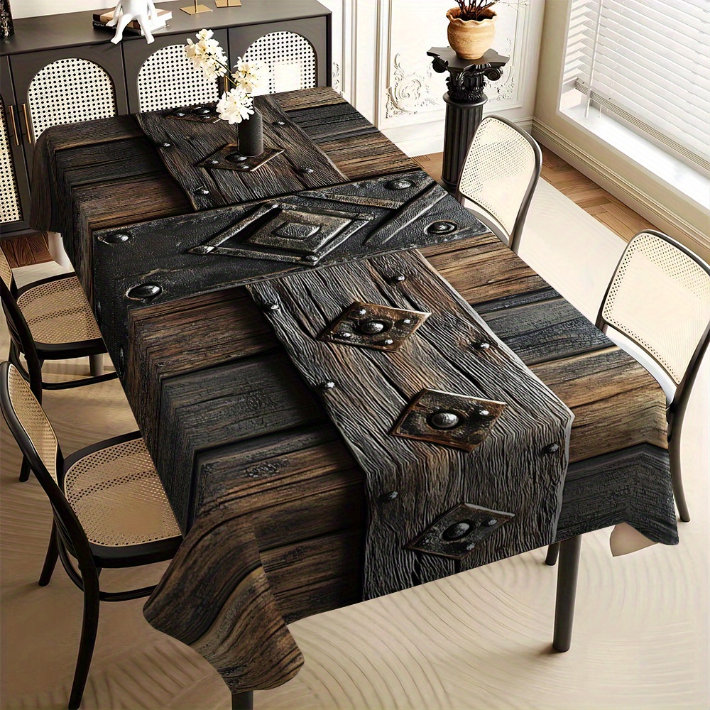 Image of 1pc European Wood Grain Pattern Tablecloth - Elegant , Durable Polyester, Square Shape For Indoor/outdoor Dining Table, Family Gatherings & Parties, Spring/summer Home Decor, Machinemade Textile