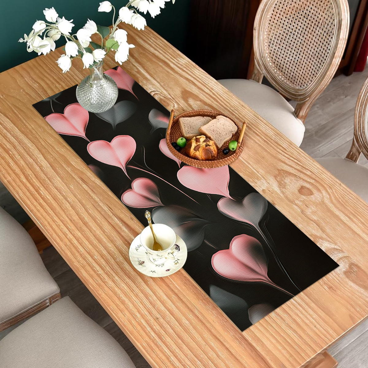 E-shop Romantischer Rosa Herz Tischläufer - Einfacher Liebesdruck, Polyester, für Valentinstag & Frühlingsdekoration