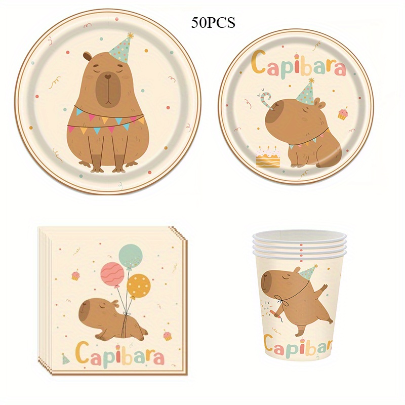 Set Of 50 Items For A Capybara-themed Birthday Celebration, Featuring Paper Plates, Cups, And Napkins, Ideal For Party Decor And Birthday