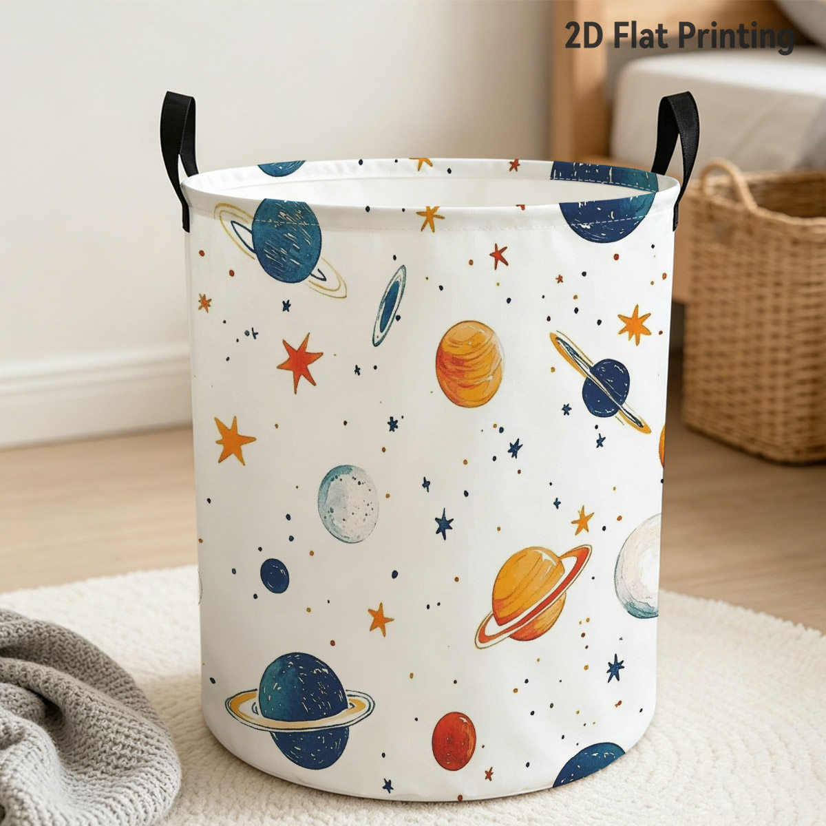 TEMU 1pc Space-themed Hamper Basket With Planets & Stars - Colorful Clothes Suitable For Home, Dorm, Storage, Rectangular Carrier For Space Decor,