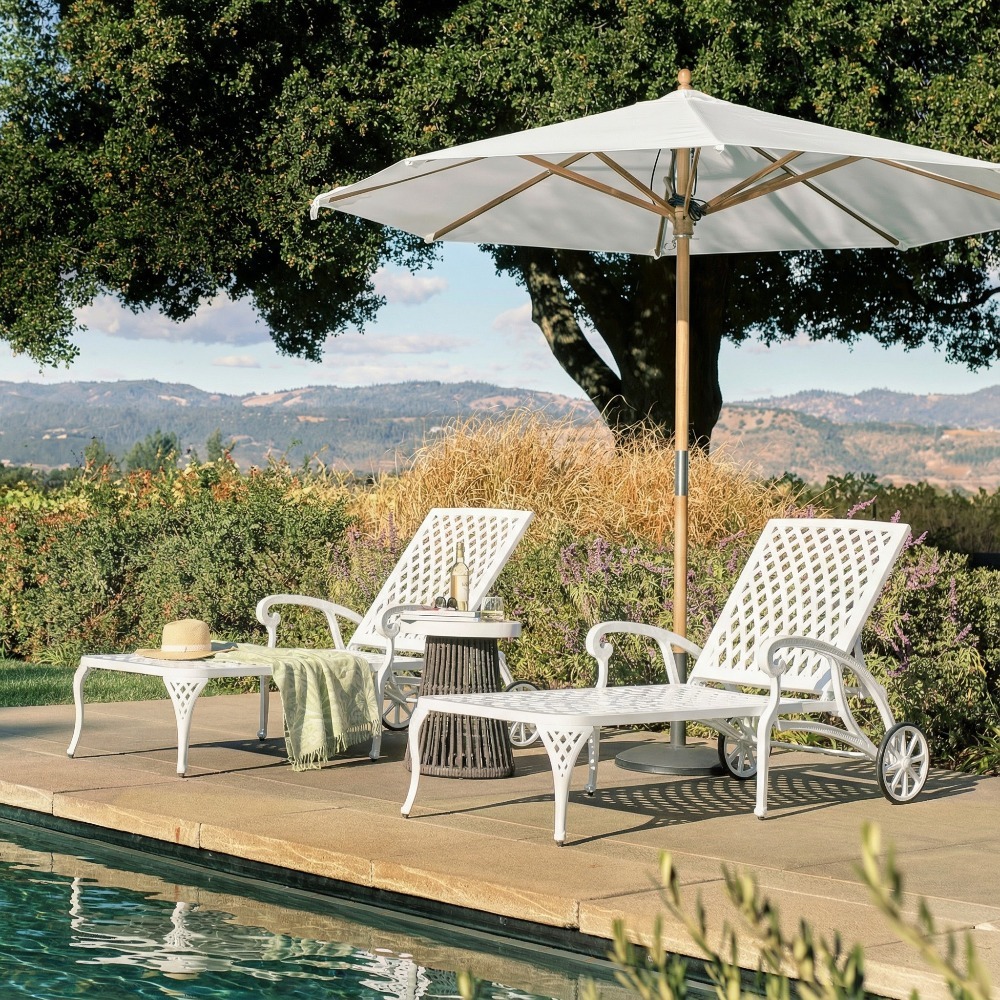 Andehomy Cast Aluminum Outdoor Lounge Chair on Wheels, Patio Recliner with Adjustable Backrest in 3 Positions, Perfect for Poolside Relaxation, Bronze And White Color