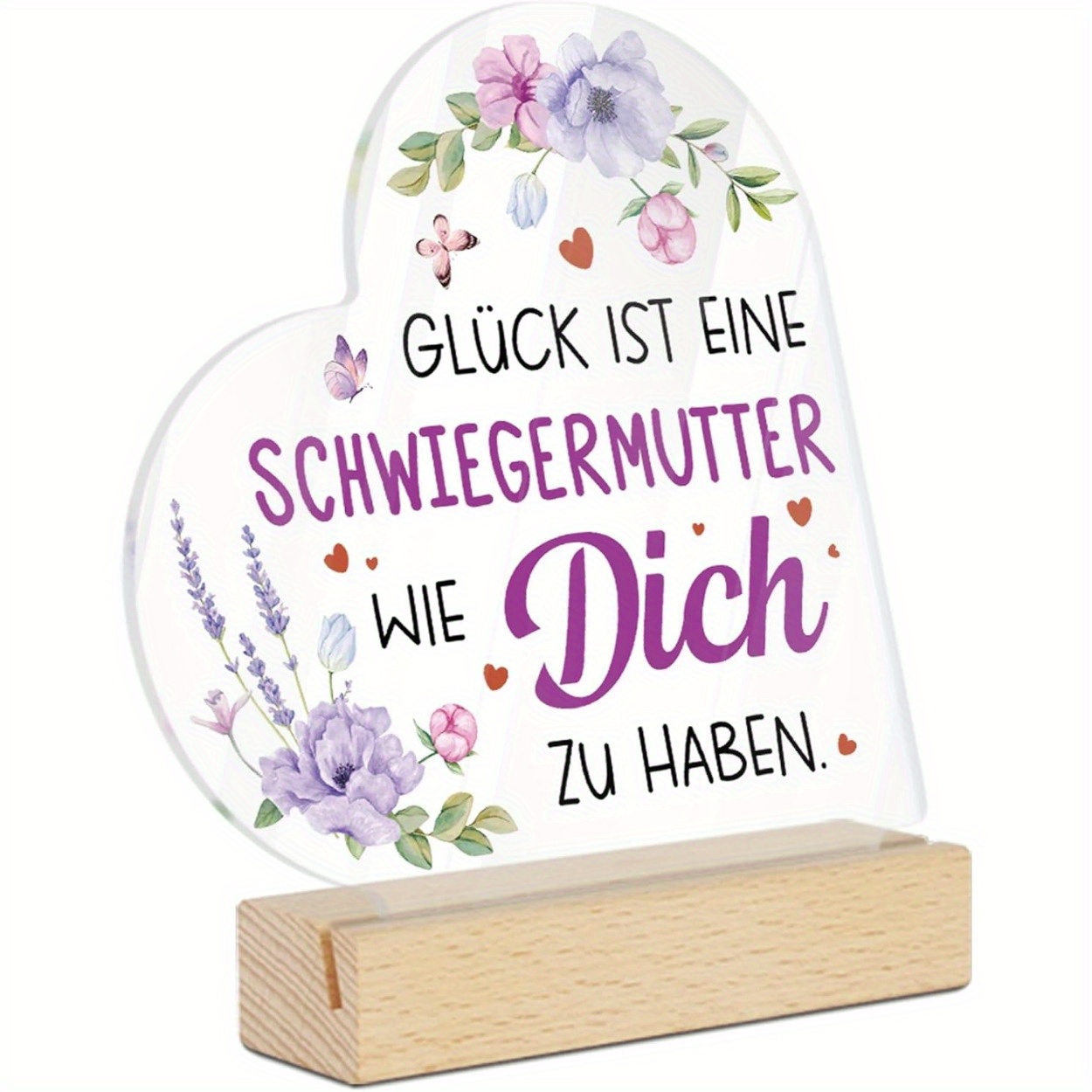 Image of 2d Flat, Acrylic Decorative Tabletop - " To Have A Mother-in-law " German Quote Gift, Heart Shaped Purple - For Mothers Day, Birthday, Wedding, Thanksgiving, 2d Flat