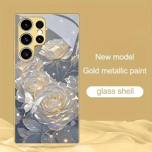 품목 사진 휴대폰 케이스 - 화이트 로즈 & 나비 프린트 삼성 갤럭시 s9+/s10/s20+/s20 울트라/s21 5g/s21+/s22/s23 플러스/s24 플러스/s25/s25 엣지/노트 9/노트 10/노트 10+/노트 20/노트 20 울트라/미끄럼 방지 강화 유리 보호 케이스