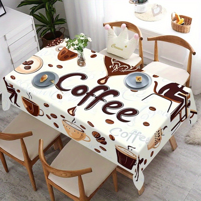 TEMU A White Coffee-themed Tablecloth Featuring Vintage Coffee Beans And Cup Designs, Made Of Polyester, Suitable For Rectangular Dining Tables,