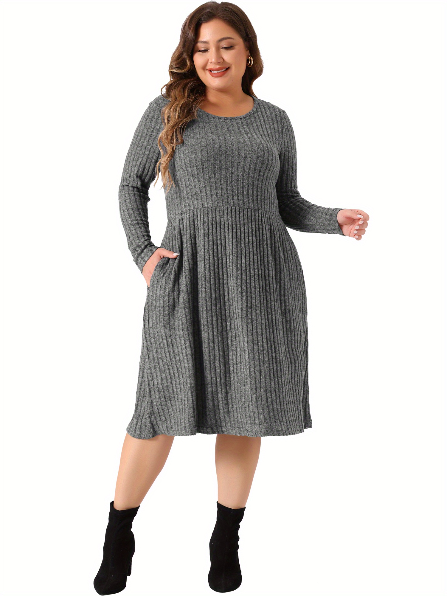 women elegant knitted dress plus size long sleeve crew neck solid casual  daily party autumn short dress | Great Deals | Temu