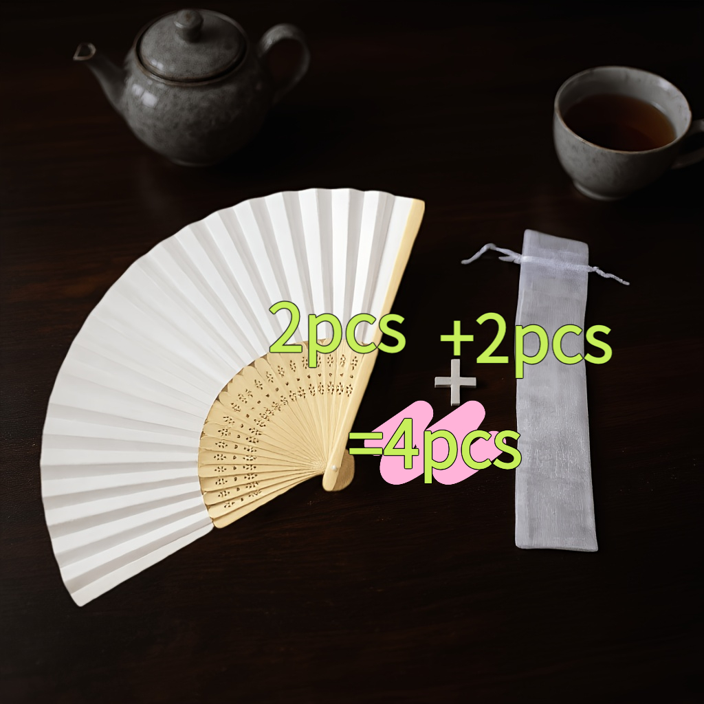 Image of 4pcs Set Of Blank Folding Fans With Storage Bag, Suitable For Doodling And Painting, Plain Paper Fans With Bamboo Handles, Wedding Party Gifts