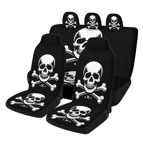 7-delige set doodshoofd autostoelhoezen - inclusief 2 voorstoelhoezen + 1 rugleuninghoes voor de achterbank + 1 achterbankhoes + 3 hoofdsteunhoezen